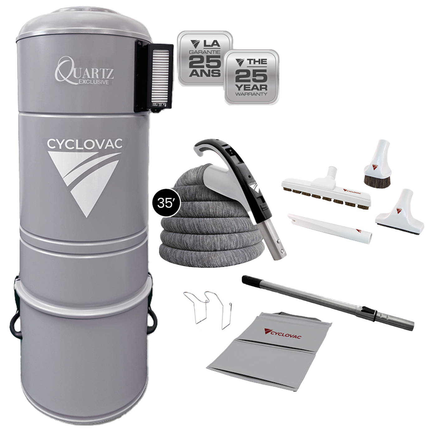 Cyclovac Quartz H725 Central Vacuum with Luxe 24v Cleaning set 35'